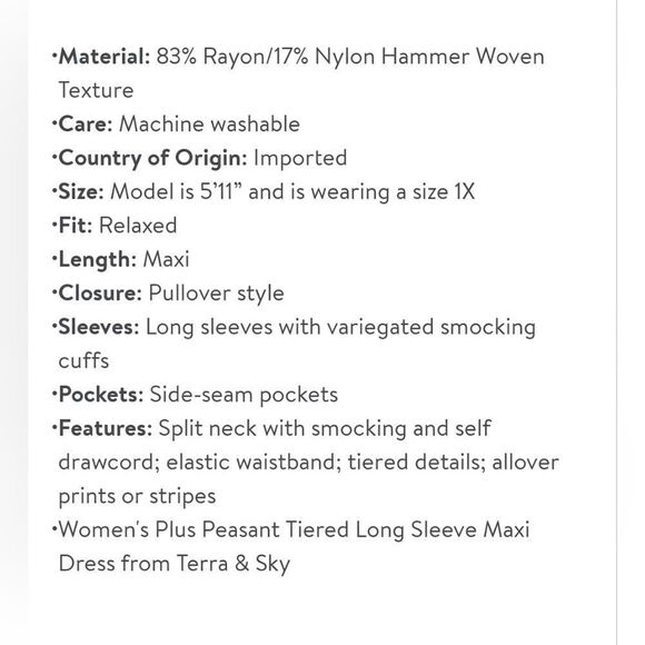 New Terra & Sky Dress Peasant Tiered Long Sleeve Maxi Tuscan Rose Plus Size - Picture 13 of 13